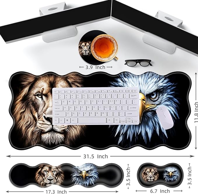 Large Gaming Mouse Pad Keyboard Wrist Rest Pad &amp Wrist Support Mousepad Set Stitched Edge Extended Non-Slip Base Memory Foam Desk Mat for Office HomeLion and Eagle Face Art