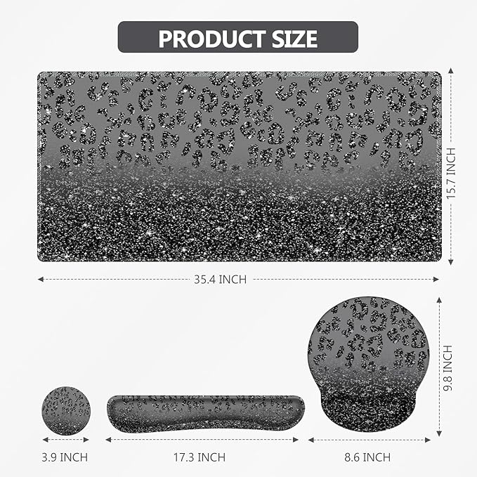 iLeadon 4in1 Ergonomic Desk Mat Set with Wrist Rest Keyboard Pad and Coaster Black Leopard