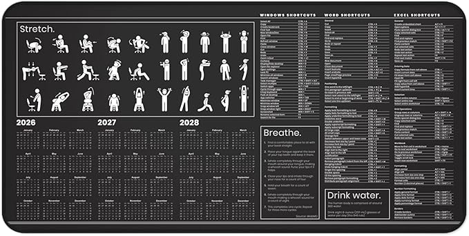 Productivity Desk Mat for Windows – Keyboard Shortcuts Wellness Guide &amp 3-Year Calendar | XL Office Mouse Pad for Excel Word &amp System Commands | Ergonomic Workspace Mat
