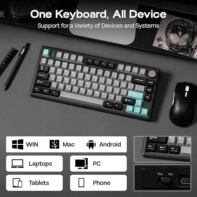 EPOMAKER TH80 V2 75% Wireless Mechanical Keyboard with Metal Knob 8000mAh 2.4Ghz/BT/USB-C RGB Hot Swap Custom Driver PBT Keycap Wireless Gaming Keyboard for PC/Mac (Black Creamy Jade)