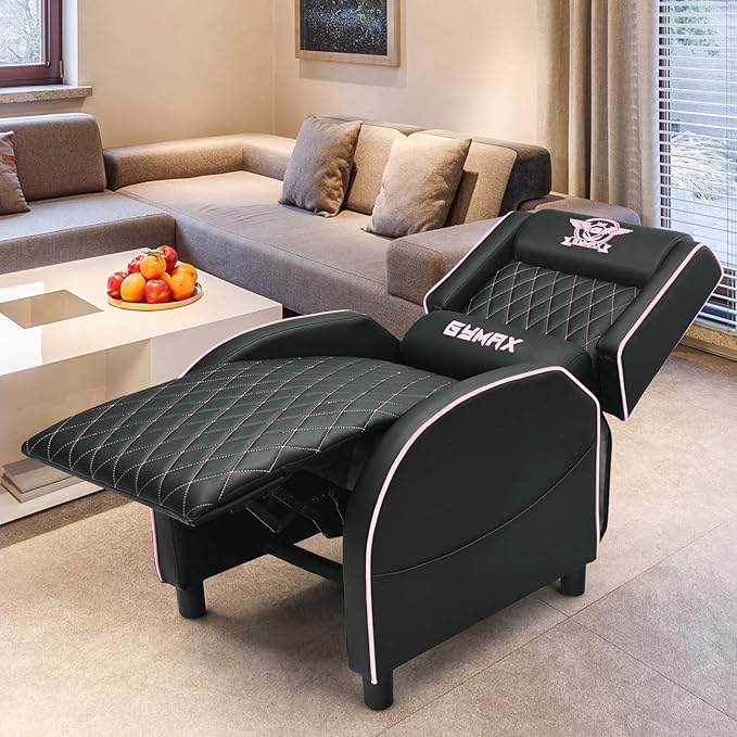 POWERSTONE Gaming Chair Recliner with Footrest Breathable PU Leather Massage Recliner - Ergonomic Sofa Computer Chair with Lumbar Support Headrest and Side Pouch for Living Room Home TheaterPink