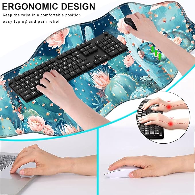 Mouse Pad with Wrist Support + Desk Mat + Coaster 3 in 1 Set XXL Large Gaming Mousepad Ergonomic Mouse Pads for Desk Computer Laptop OfficeCute Cactus