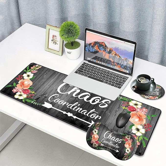 3 Piece Mouse Pad Set with Stitched Edge Large Anti-Slip Mouse Pad Desk Pad Keyboard Pad + Wrist Rest Pad + Coaster Memory Foam Wrist Rest for Office/Home - Chaos Coordinator