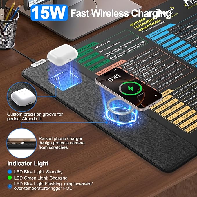 Excel Cheat Sheet Mouse Pad with Wireless Charging 31.5x15.8 Extended Excel Shortcuts Desk Pad Waterproof Ultra-Smooth Keyboard Mat Non-Slip Base with 20W PD Adapter