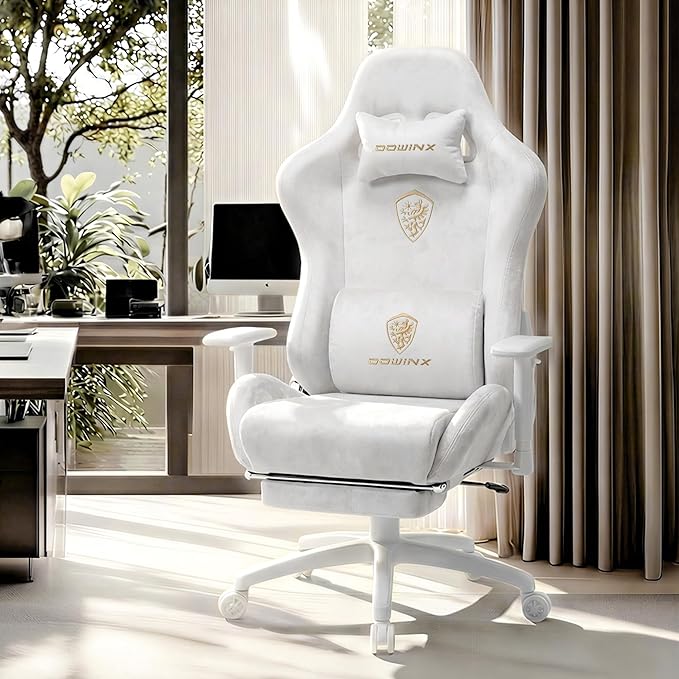 Dowinx Big and Tall Gaming Chair with Suede Fabric Breathable Game Chairs for Adults with Oversized Thick Seat for 440lbs Ergonomic Gamer Chair for Streaming &amp Long Gaming Sessions White