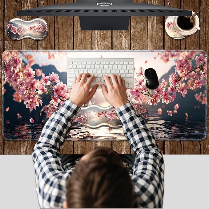 Ergonomic Keyboard Wrist Rest &amp Mouse Pad Wrist Rest SetXL Gaming Desk Mat 31.5x 11.8Non-Slip BaseMemory FoamEasy Typing Pain Relief for Office &amp HomeCherry Blossoms Over Water