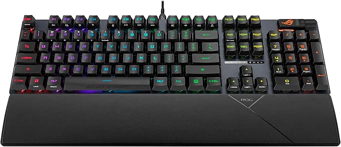 ASUS ROG Strix Scope II Gaming Keyboard pre-lubed ROG RX Red Linear Optical switches Sound-dampening Foam PBT doubleshot keycaps Streaming hotkeys Multi-Function Controls Wrist Rest