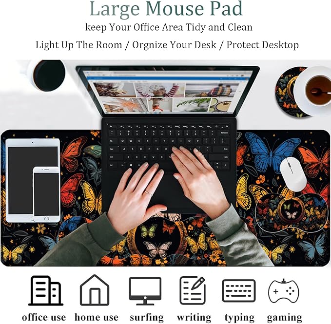 Mouse Pad Combo Large Gaming Mouse Pad + Keyboard Wrist Support + Mouse Wrist Rest + Coaster Table Pad 31.5 x 11.8 with Memory Foam Ergonomic Wrist Pad Set Colorful Butterfly Moon Pattern