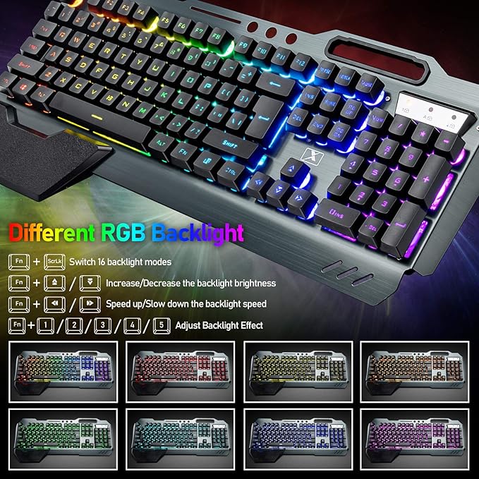 Wireless Gaming Keyboard and Mouse with Rainbow LED 16RGB Backlit Rechargeable 4800mAh Battery Metal Panel Mechanical Ergonomic Feel Waterproof Dustproof 7 Color Mute Mice for Laptop PC Gamer(Black)