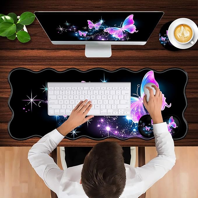 Mouse Pad with Wrist Support + Desk Mat + Coaster 3 in 1 Set XL Large Gaming Mousepad Ergonomic Mouse Pads for Desk Computer Laptop OfficeGlowing Night Pink Butterflies