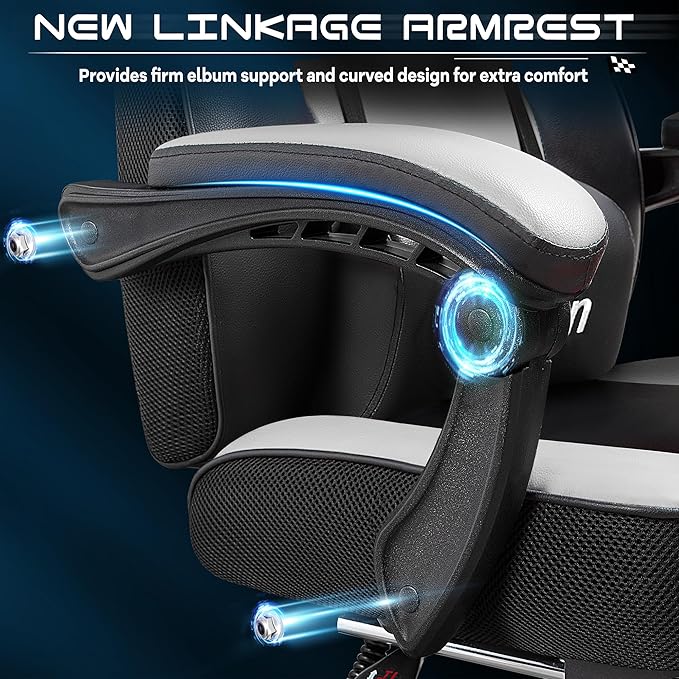 Gaming Chair for Adults Gaming Chairs with Footrest Ergonomic Video Game Chair with Massage Lumbar Big and Tall Computer Chair Height Adjustable with Headrest and 360° Swivel Seat White