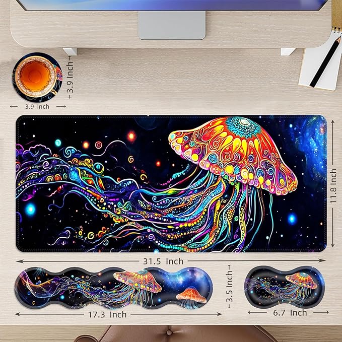 Large Mouse Pad and Keyboard Wrist Rest Desk Pad for Keyboard and Mouse 4-in-1 Large Gaming Mouse Pad with Wrist Support Desk Mat for Home Office Study GameColorful Jellyfish