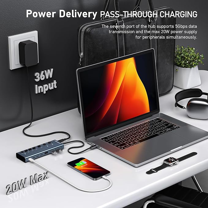 Minisopuru Powered USB Hub7 IN1 Powered USB C Hub with 3 USBA 3.0 Data Ports and 4 USB C Data Smart Charging for iPhone/iPad USB Splitter with Individual On/Off Switches and 12V/3A Power Adapter