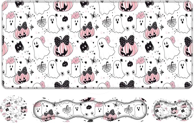 Keyboard Wrist Rest SetMemory Foam Wrist Support Mouse Pad31.5x11.8 Desk Mat for Comfortable Typing &amp Pain ReliefNon-Slip Base for Office &amp Home Use - Cute Ghost Skull Pumpkin