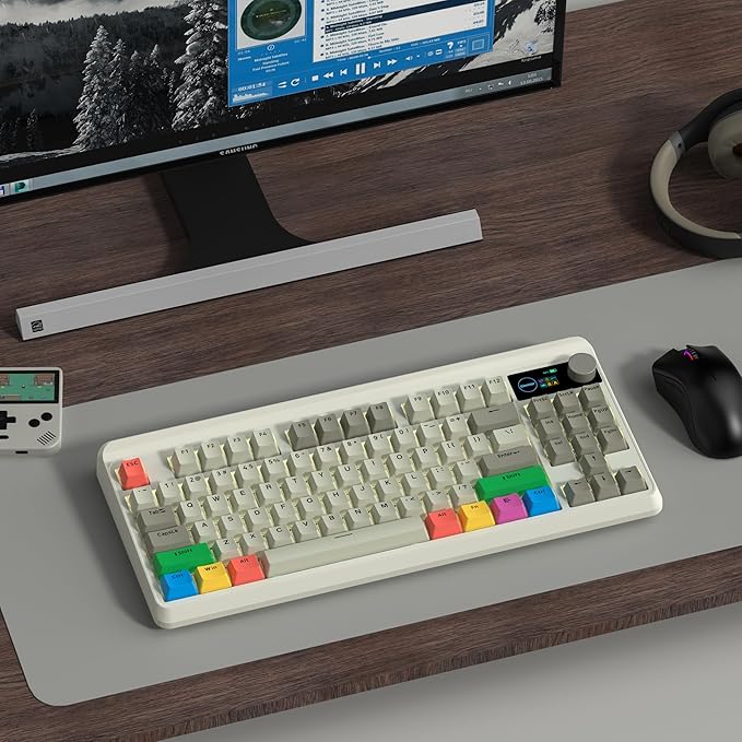Womier Retro 75% Gaming Keyboard with OLED Display&ampKnob M87 Pro Bluetooth 5.1/2.4GHz /USB-C Wireless Mechanical Keyboard with Hot-Swappable Custom Switch Compact Gamer RGB Keyboard-Grey