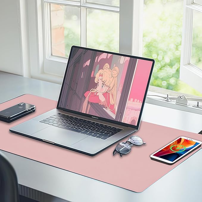 Desk Mat with Wireless Charging Pink Mouse Pad with Wireless Charger Desk Pad Matt for Desktop Mousepad Gaming Large Mouse Pad Leather Compute for Keyboard and Mouse 32 x 16