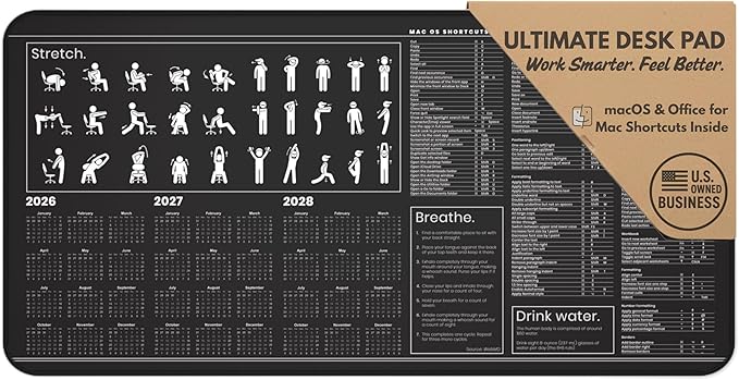 Mac Productivity Desk Mat – Keyboard Shortcuts Wellness Guide &amp 3-Year Calendar | XL Office Mouse Pad for Excel Word &amp macOS Shortcuts | Ergonomic Workspace Mat