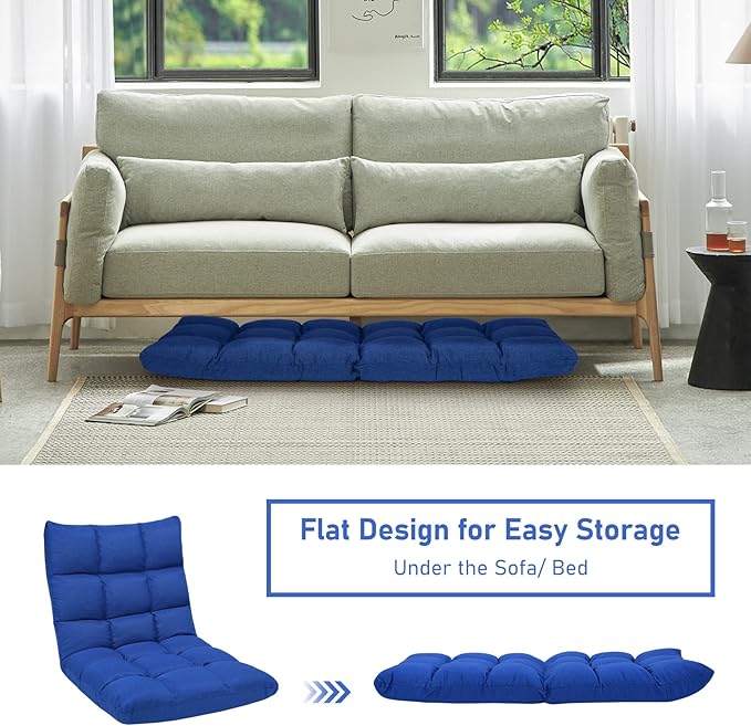 MAT EXPERT 14-Position Floor Chair Floor Gaming Chair w/Resilience Sponge Alloy Steel Frame Padded Bed Couch Recliner Floor Chair with Back Support for Reading Meditating (Blue)