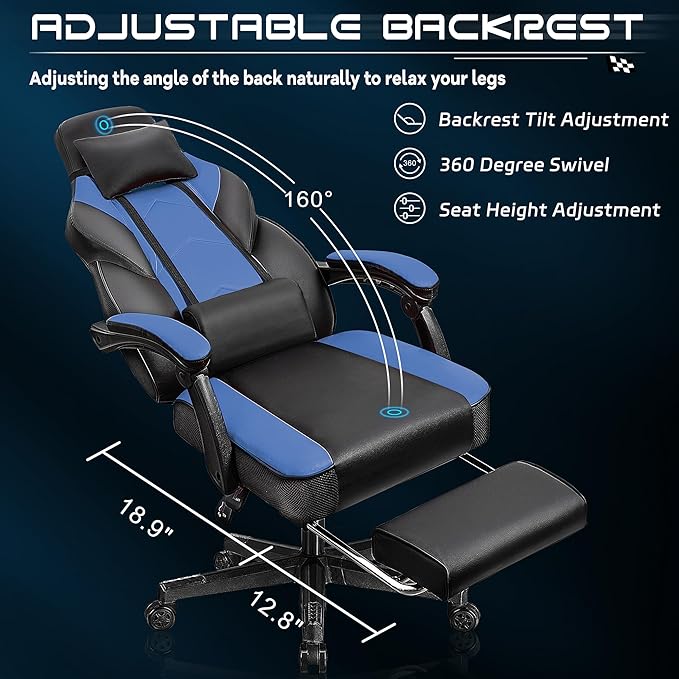 Gaming Chair with Footrest Video Game Chair for Adults Ergonomic Big and Tall Computer Chair with Massage Lumbar Height Adjustable 360° Swivel Seat and Headrest (Blue)
