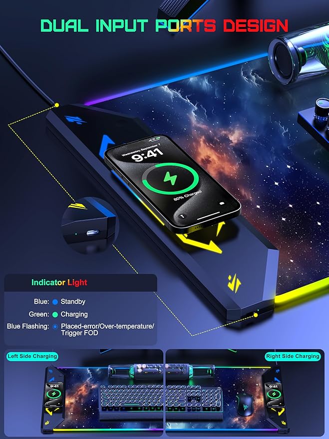 TopMade Wireless Charging Mouse Pad RGB Gaming Mousepad 35.4 x 15.8 Extra Large Waterproof Keyboard Desk Pad Computer Desk Mat Blue Nebula (Includes 20W PD Power Adapter &amp 6.56ft Woven Cable
