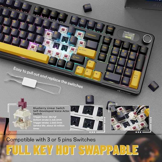 ATTACK SHARK X98PRO Wireless Mechanical KeyboardMulti-Function Knob&ampTFT ScreenTri-Mode BT/2.4G Hz/USB-C Wired KeyboardHot-Swap RGB Backlit4000mAh 98 KeysCloud Drivefor Win/Mac/Linux-Starry B