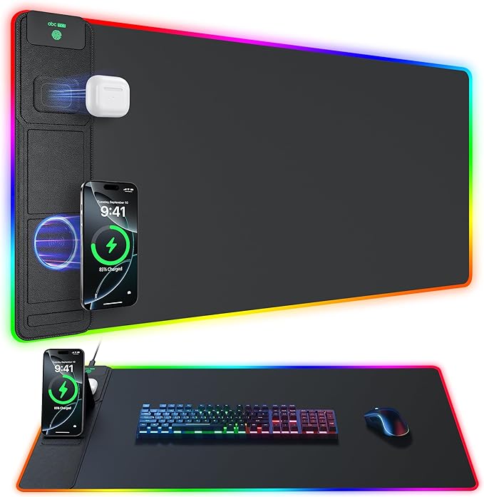 4-in-1 RGB Gaming Mouse Pad with Wireless Charging &amp Phone Stand 31.5x15.8 Large 24 Light Effects Non-Slip Base Waterproof Ultra-Smooth Surface with Adatper