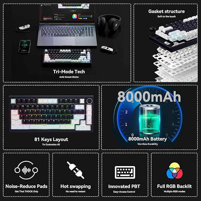 Gurjot Wireless Mechanical Keyboard with KnobTri-Mode BT5.0/2.4GHz/USB-C Hot Swappable Mechanical KeyboardPre-lubed Linear Switches8000mAH Battery RGB Backlit Computer Gaming Keyboards