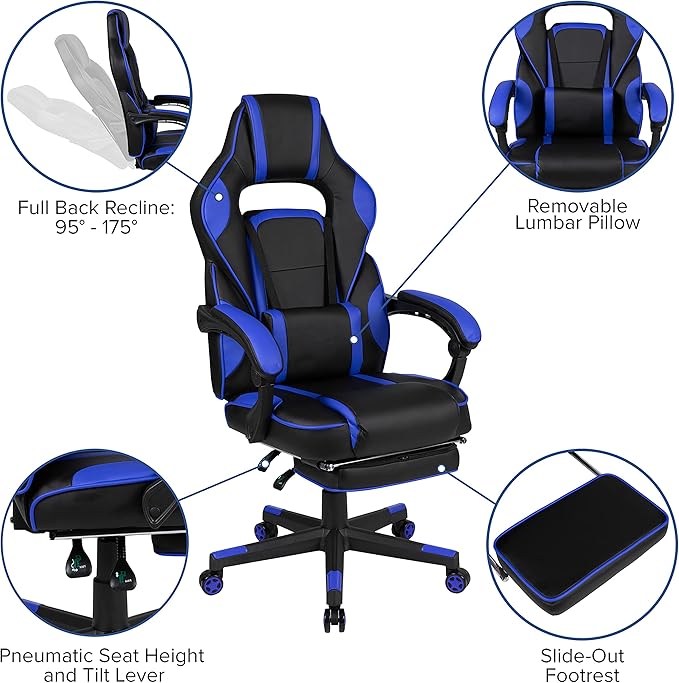EMMA + OLIVER Black/Blue Ergonomic Gaming Chair -Recline Back/Arms Footrest Massaging Lumbar