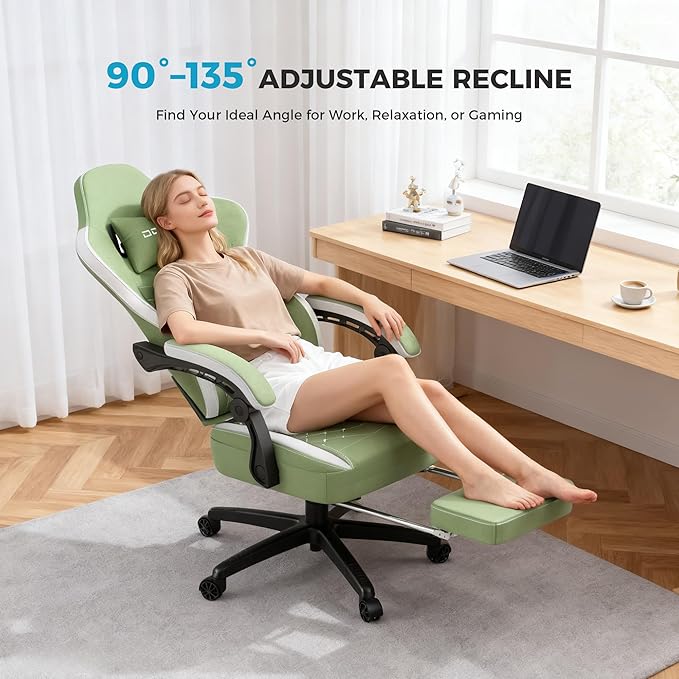 Dowinx Gaming Chair Breathable Fabric Game Chair with Gel Pad and Storage Bag Comfortable Gamer Chair with Pocket Spring Cushion Ergonomic Computer Chair with Footrest Green