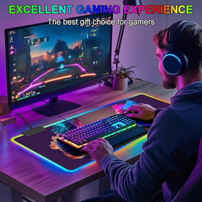 RGB Gaming Mouse Pad Large Mousepad with LED Light 13 Light Modes Touch Control Extended Soft Computer Keyboard Mat Pad Desk Mat with Non-Slip Rubber Base for MacBook Laptop(31.5X11.8 Game Handle)