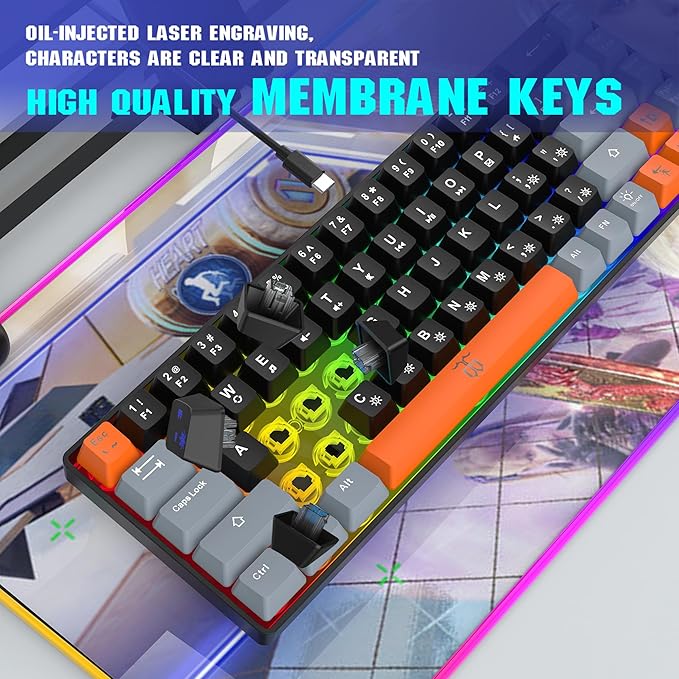 Snpurdiri 60% Percent Gaming Keyboard Compact RGB Backlit Small Gaming Keyboard for Windows PC Laptop (68 Keys Black-Grey-Orange)