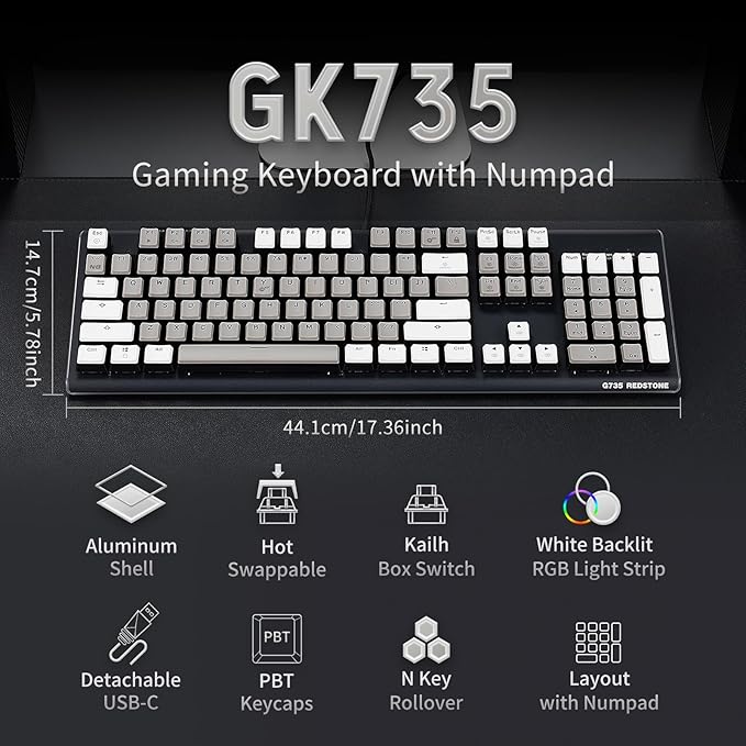 Hexgears GK735 Wired Full Size Mechanical Keyboard Aluminum Housing Built for Gamers w/Kailh Box White Switch White Backlit + Surrounded by RGB Light Strip 104 Keys Gaming Keyboard for PC/Mac