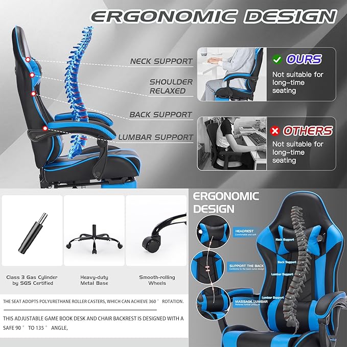 Gaming Chair with Footrest Ergonomic Computer Seating Massage Lumbar Support Height Adjustable PU Leather Reclining Video Game Chairs for Adults Office (Black+Blue)