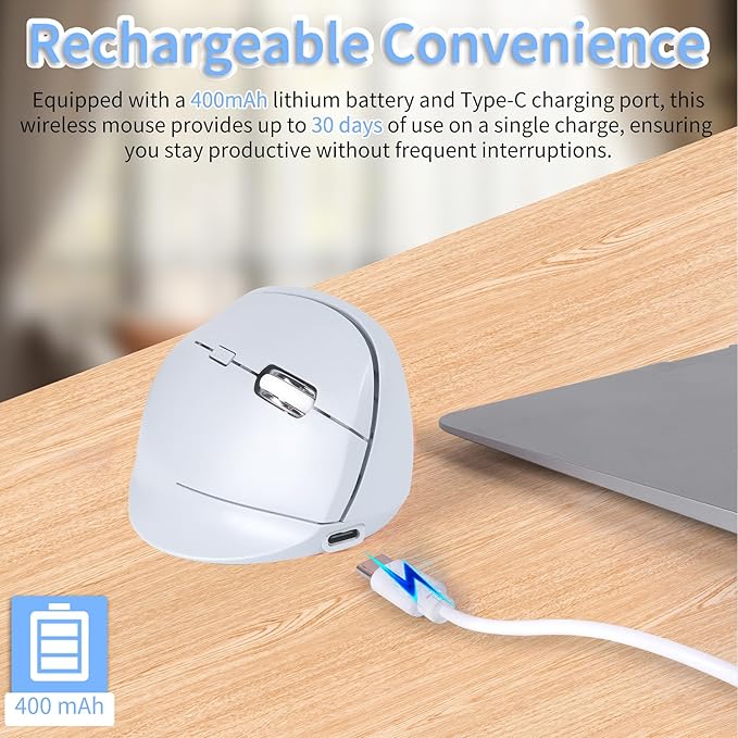 Bluetooth Wireless Vertical Mouse - Ergonomic Design Rechargeable with Type-C Silent Operation for Office and Home Use Ideal for Professionals &amp Students (Blue)