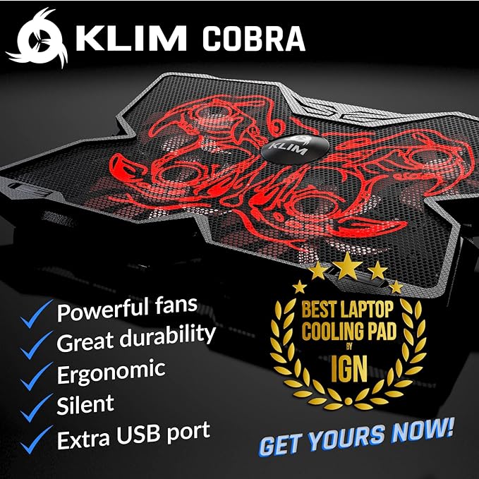 KLIM Wind Laptop Cooling Pad - More Than 500000 Units Sold - New - Powerful Rapid Action Laptop Cooler - Laptop Stand with 4 Cooling Fans - 2 USB Ports - PC Mac PS5 PS4 Xbox One - Cobra Red