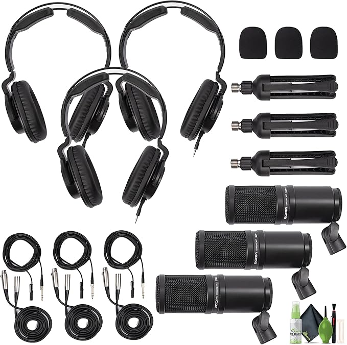 Zoom ZDM-1 Podcast Mic Pack Dynamic Microphone ZHP-1 Headphones TPS-4 Tripod Windscreen 2-Meter XLR Cable for Recording &amp Streaming + Cleaning Kit (Pack of 3)
