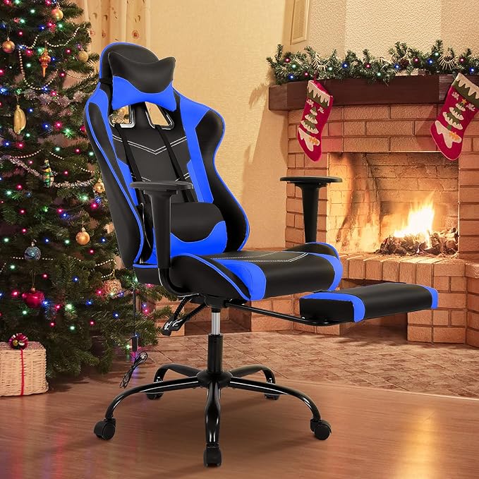 BLKMTY Gaming Chair with Footrest Ergonomic Office Racing Computer Chair with PU Leather High Back Lumbar Support Headrest Adjustable Height Reclining Chairs Blue
