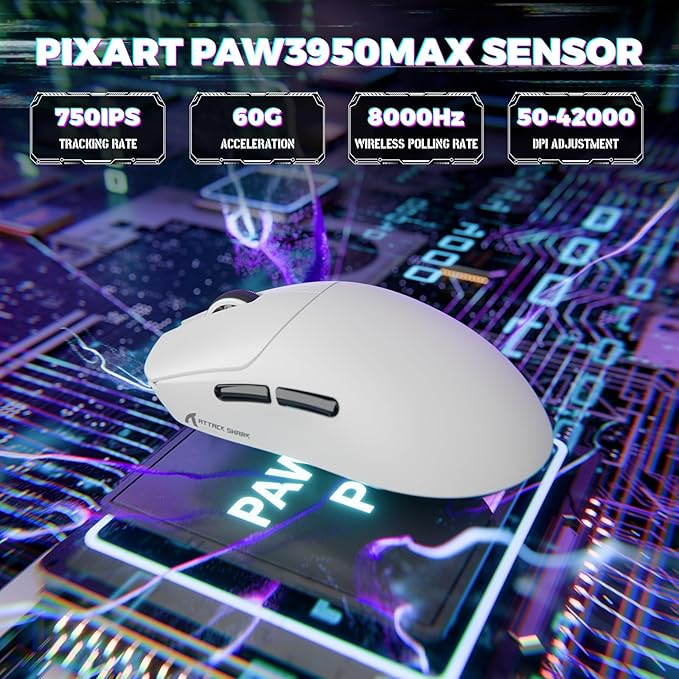MAMBASNAKE Attack Shark X8 Ultimate 8K Wireless Gaming Mouse42K DPI PAW3950MAX SensorNordic 54L15 Chip59g LightweightOptical Switches RGB Receiver for PC/Mac/WinWhite