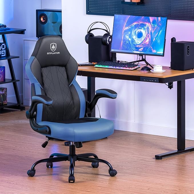 GTPLAYER Video Gaming Chair Ergonomic Computer Gaming Chair with Flip-Up Armrests and Adjustable Height Comfortable Desk Chairs with Built-in Lumbar Support Recliner with 360°Swivel (Blue)