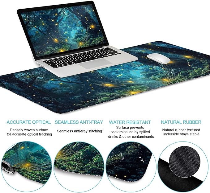 Ergonomic Mouse Pad Set Large Desk Matt for Desktop Gaming Mouse Pad Wrist Rest Keyboard Mat Cup Coaster Set Cute Office Desk Decor Accessories for Women Firefly Forest