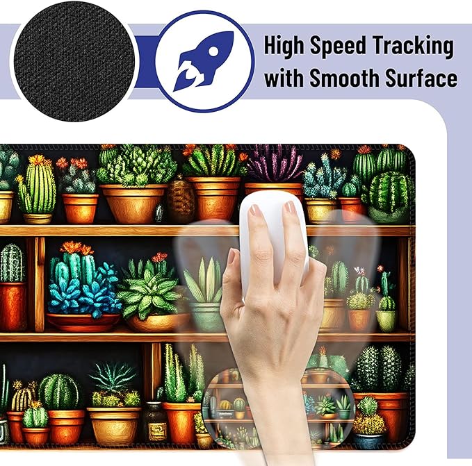 Large Mouse Pad and Keyboard Wrist Rest Desk Pad for Keyboard and Mouse 4-in-1 Large Gaming Mouse Pad with Wrist Support Desk Mat for Home Office Study GameCactus and Succulents