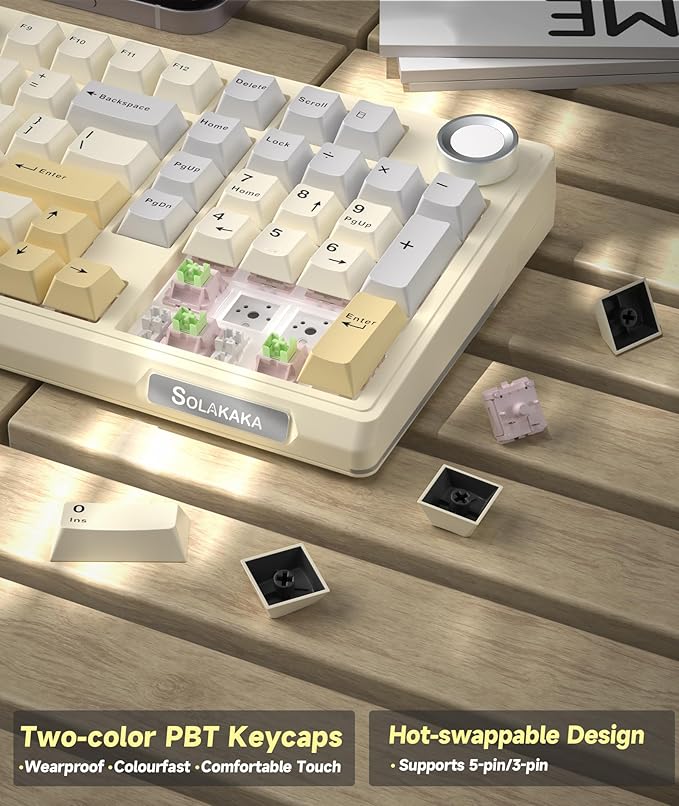 SOLAKAKA KI99 Pro 96% Wireless Gaming Keyboard RGB Creamy Keyboardw with Knob Hot-Swappable Pre-Lubed Switches Gasket Structure Mechanical Keyboards (Beige-White Non-Silent Version)