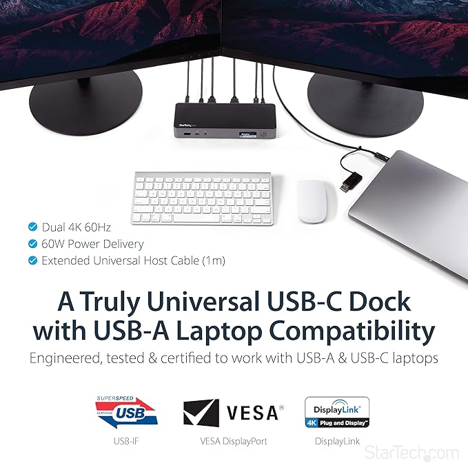 StarTech.com USB-C / USB-A Hybrid Docking Station for MacBook Pro / Air M1 M2 M3 M4 &amp Windows Universal Dual 4K 60Hz HDMI DP Dock Thunderbolt Compatible 60W Laptop Charging