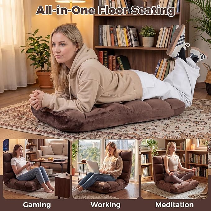COSTWAY Floor Chair Video Gaming Chairs with Back Support Adjustable 14-Position Alloy Steel Frame Lazy Sofa Lounge Recliner for Adults Kids (Chocolate)