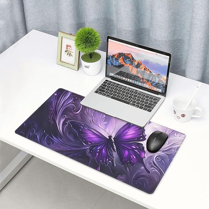 Purple Butterfly Desk Cover MatExtended Large Mouse PadComputer Laptop Mat Desk Decor for Office Game Home 30x16 Inch