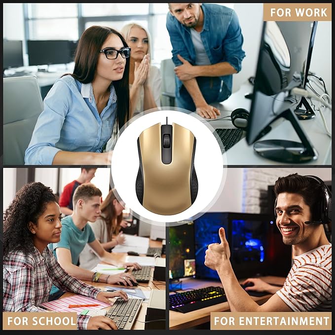 Hoteam 12 Pcs Gold Wired Computer Mouse Bulk Cord USB Computer Mice Ergonomic Wired Mouse for Pcs Computers Laptops Gaming Office Home Supplies