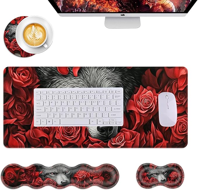 Mouse PadLarge Desk Mat Set 4in1 XL Mousepad + Keyboard Wrist Rest+Mouse Wrist Rest+Coaster with Ergonomic Desk Pad for Home Office Table Computer Cover -Wolf Among Red Roses