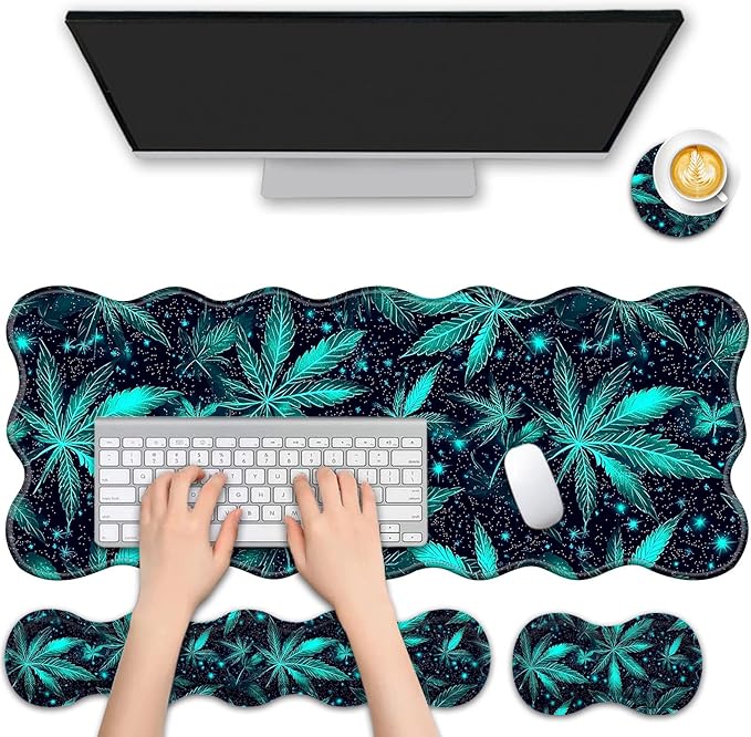 4 in 1 Desk Mat SetMouse Pad with Keyboard Wrist RestWave-Shaped DesignNon-Slip Rubber BaseWaterprooffor HomeOfficeGamingGreen Plant Leaf