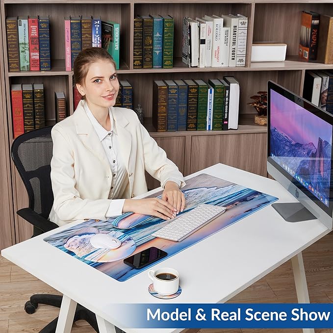 Desk Mat Set + Keyboard and Mouse Pad with Wrist Rest Support4-in-1 Large Mousepad Computer Mats for Desktop Home &amp Office-Sunset Sea