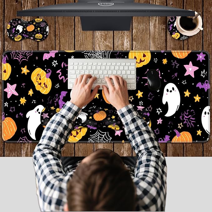 Ergonomic Keyboard Wrist Rest &amp Mouse Pad Wrist Rest SetXL Gaming Desk Mat 31.5x 11.8Non-Slip BaseMemory FoamEasy Typing Pain Relief for Office &amp HomeCute Ghost Pumpkin
